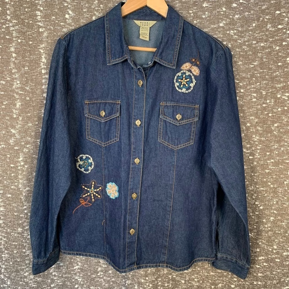 Vintage Teddi Embroidered Denim Button Up Jacket Cottagecore Women's‎ Large